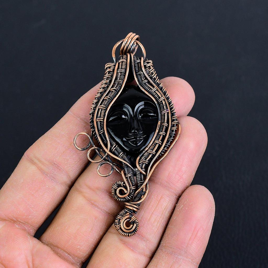 Lady Face Black Onyx Jewelry,999 Copper Wire Wrapped Pendant Handmade Gemstone Jewelry, Gifts For Wife Brand New Pendant