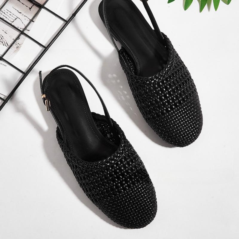Fashion Handmade Woven Black Mesh Brand Flat Sandals Women Fashion Back Strap Buckle Designer Shoes Comfort Round Toe Casual Beach Shoes