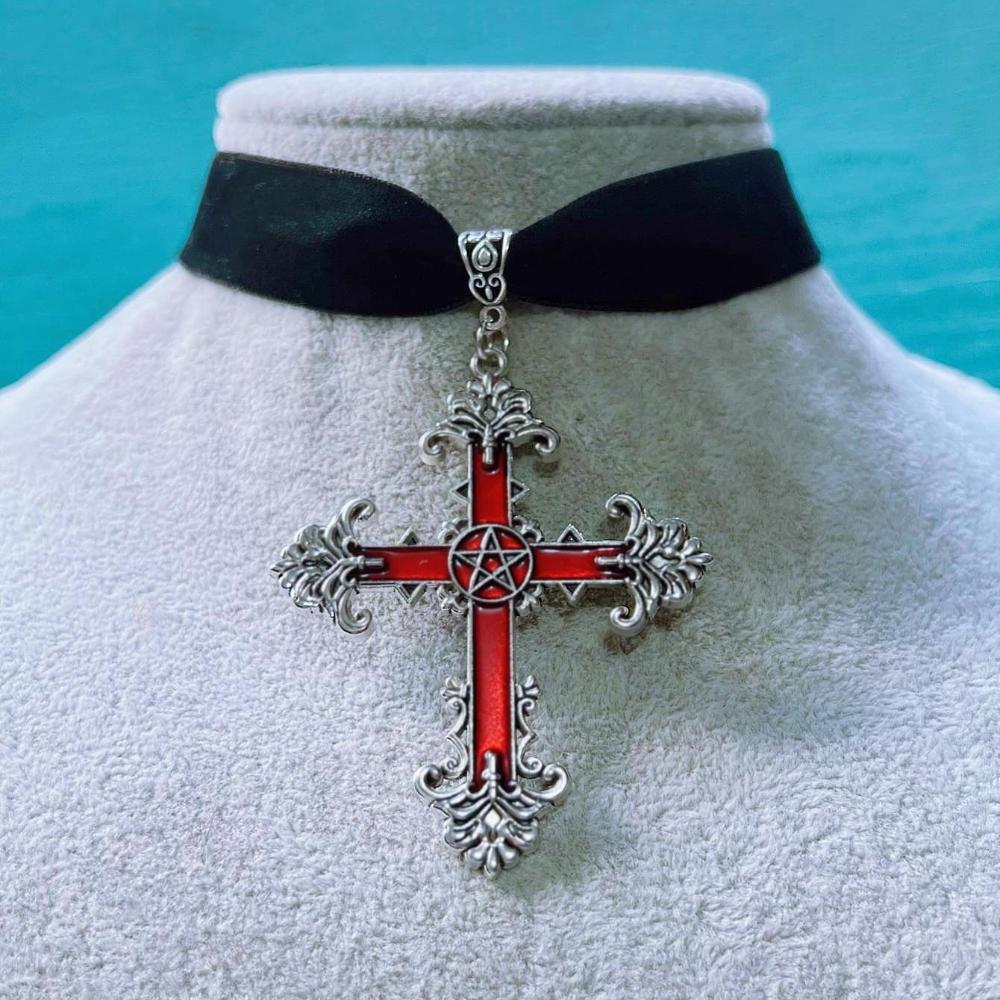 Temperament Gothic Red Drop Glaze Cross Pendant Black Velvet Necklace for Women Halloween Party Choker Jewelry Accessories Gifts
