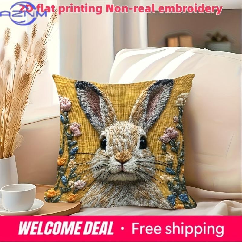 Adorable 2D Flat-Printed Bunny Embroidered Pillow Cover For Cozy Decor Sofa Cushion Cover, Home Decoration, 2D Printing