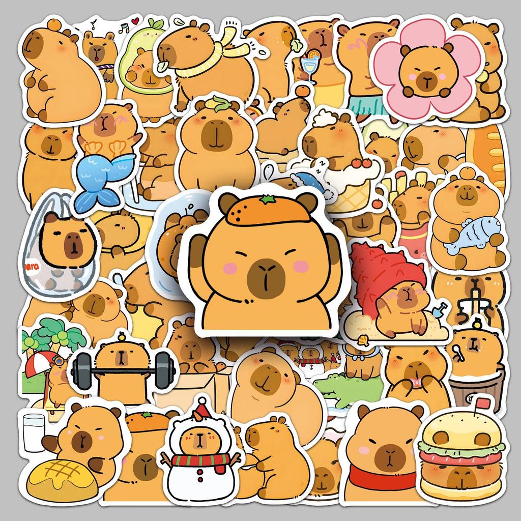 50 Capybara Cartoon Mochi Stickers: Kawaii Waterproof Decorations for Journals, Water Bottles, and Computers