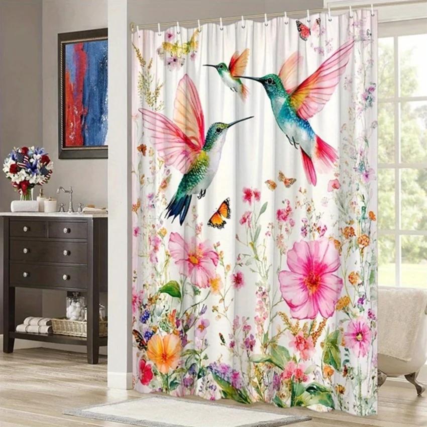 ~O~1pc Hummingbirds & Blooms Shower Curtain - Watercolor Design, Polyester, 70.8x70.8", 12 Hooks, Washable