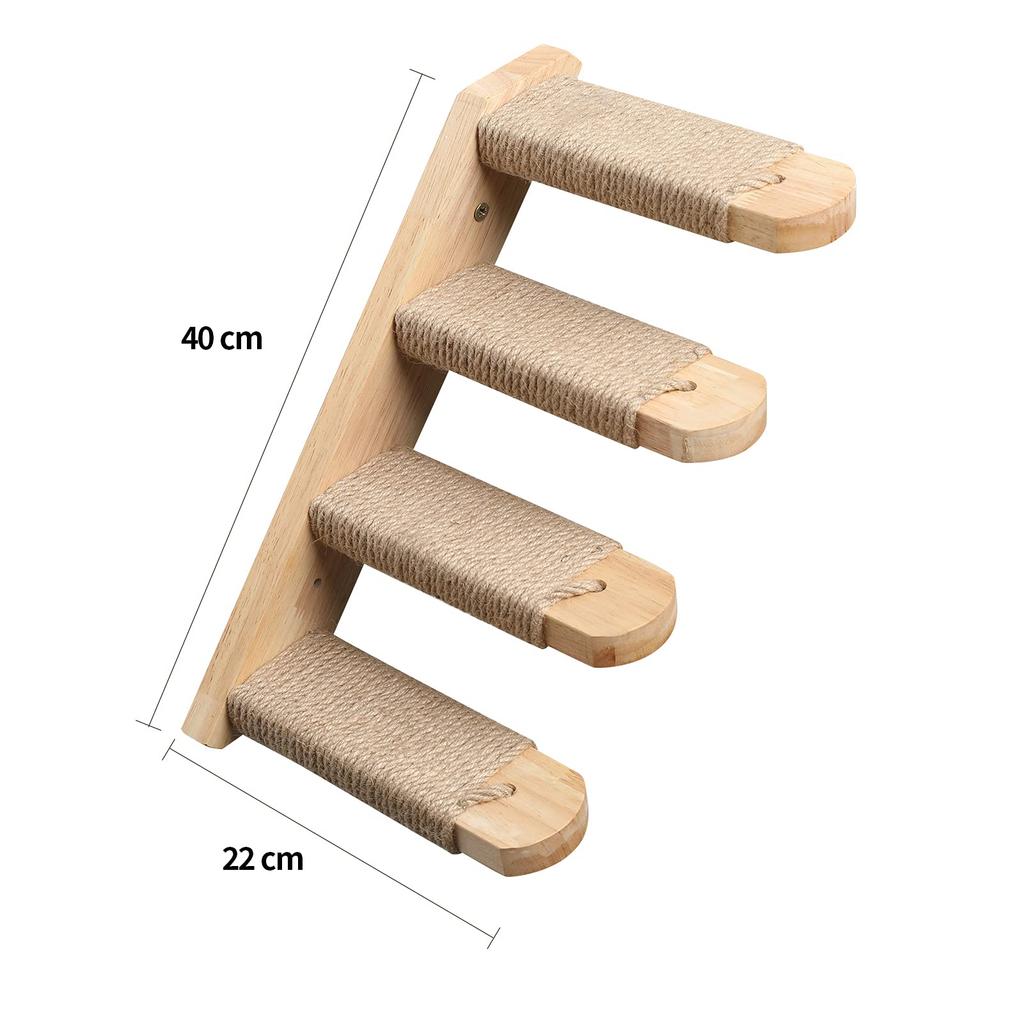 FUKUMARU Veggmonterte kattetrinn, Trinn i gummitre med sklisikker hampkord, Firetrinns stige, Ideell for å skape et lekeområde for katter, Ekte produkt,