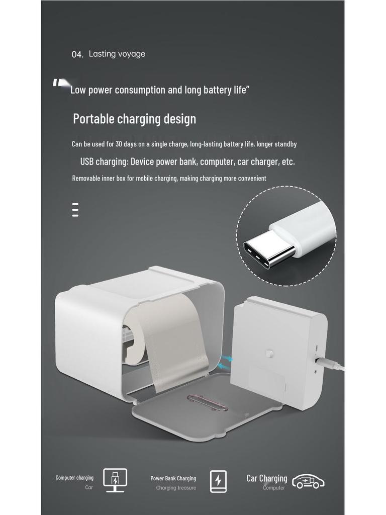 Smart Sensor Toilet Paper Holder, Automatic Wall-Mounted Dispensing, Punch-Free, Waterproof.