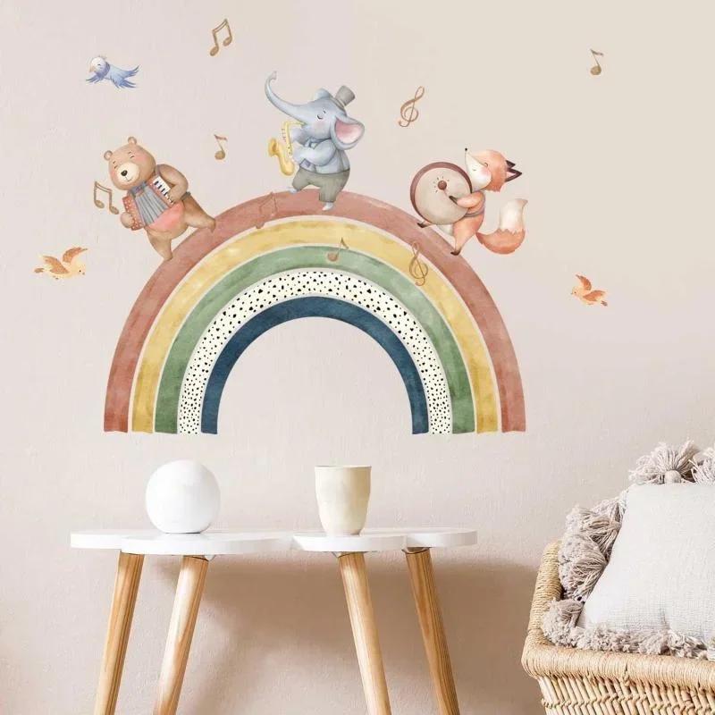 Cartoon Animal Rainbow Wall Stickers Self-Adhesive Fox Elephant Bear Decals Kids Bedroom Home Decor