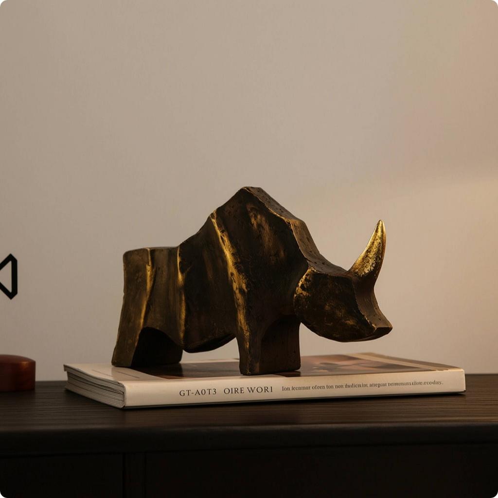 Rhino Sculpture Antique Rhino Statue Sculpture with Gold Tusk Geometric Rhinoceros Statue Rustic for Art Collectors, Tabletop