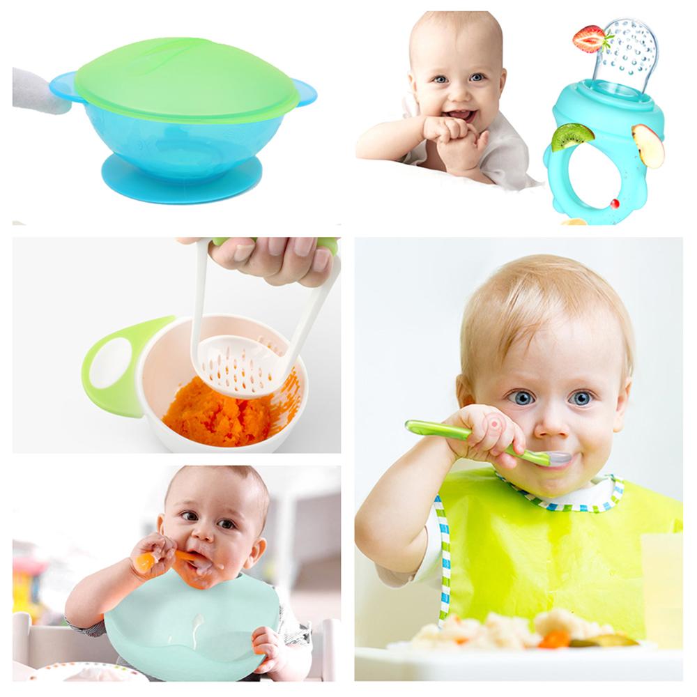 

Pack of 10 Baby Feeding Set Silicone Spoon Baby Vegetables Fruits Food Feeder Silicone Suction Bowl with Spoon Waterproof Bib Baby Food Masher Set