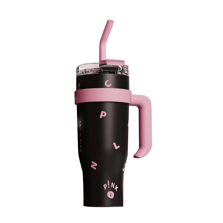 1.2L Dual - Drink Insulated Tumbler, Sweet - Cool Black - Pink Large - Capacity Portable Straw Cup With Handle And Straw