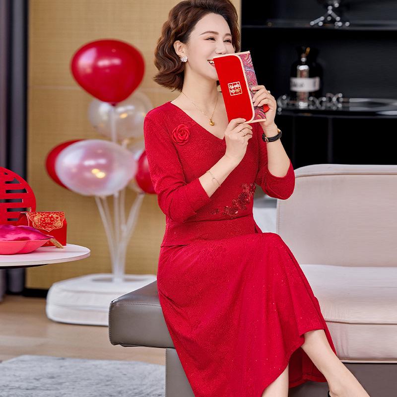 2026 Spring & Autumn Elegant Mother-in-law Wedding Dress for Middle-aged Women 4XL (suggested 135-145 lbs) ярко-красный
