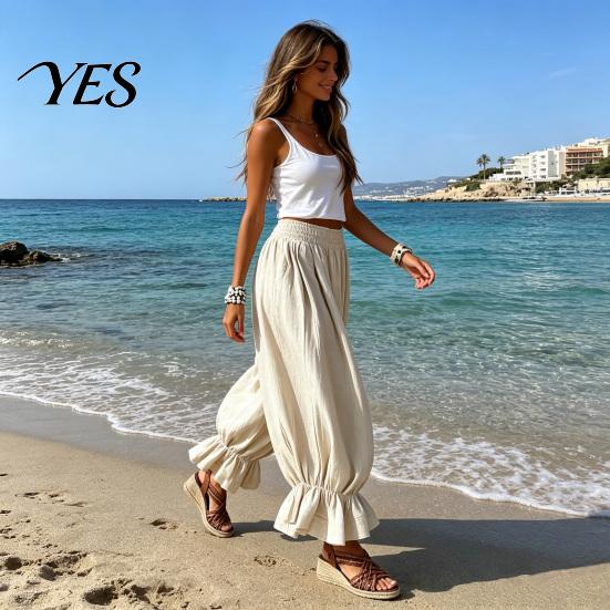 Commuting Pants Women Bloomers, High Elastic Waistband Wide Leg Trousers, Bohemian Ruffled Adjustable Waist Balloon Cuffs Super Loose Harem for Casual