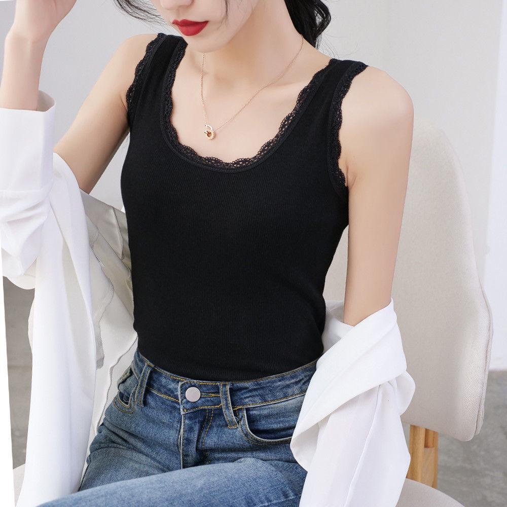 Spring & Summer Women's Lace Ribbed Cotton Tank: Slimming Plus-Size Sleeveless Round Neck Base Layer