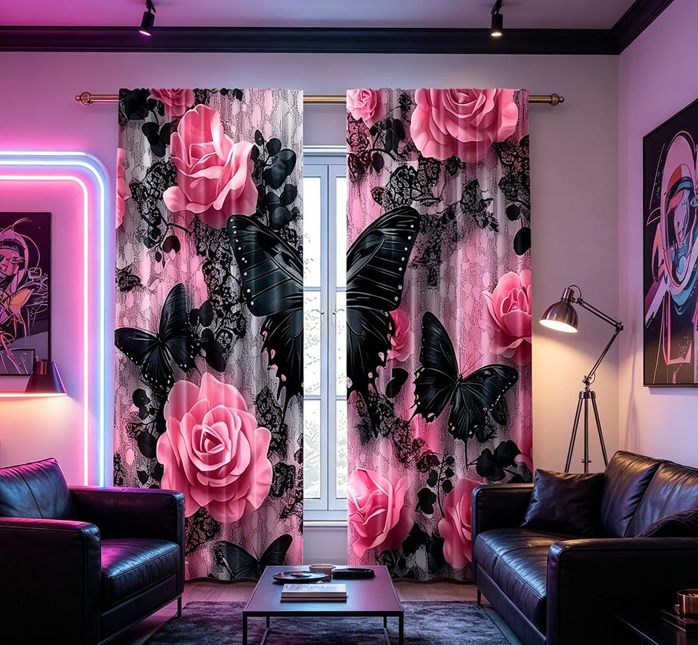 2PCS Digital Printed Curtains, Black Butterfly Dark Rose Gothic Mysterious, Home Decor Style for Living Room Bedroom Decor