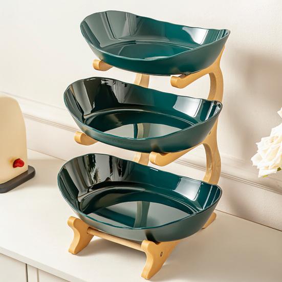 Multi Layer Fruit Basket with Bamboo Stand, Plastic Tiered Snack Tower for Candy Nuts, Space Saving Kitchen Counter Organizer for Living Room