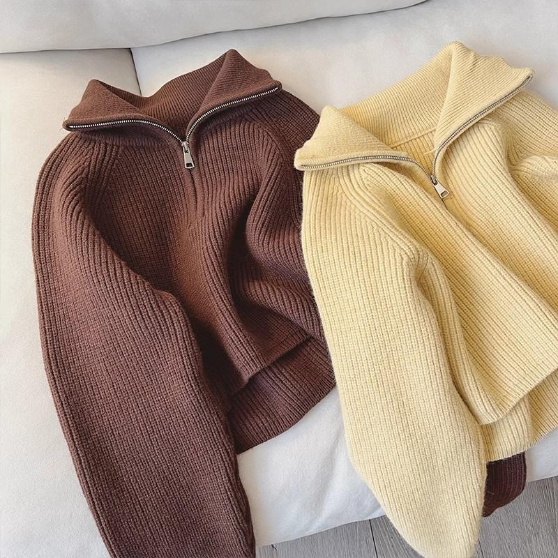 Pullovers for Women Turn-down Collar Zipper Casual Sweater Autumn Winter New Fashion Thermal Female Long Sleeve Jumpers