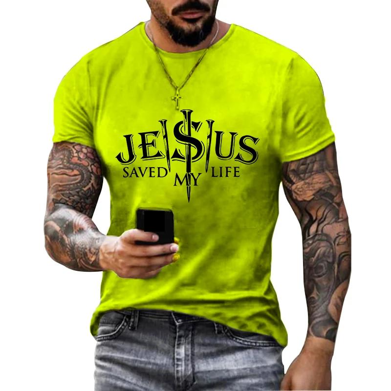 Retro Fashion Gray T-shirt Jesus Letter 3D Printed Short Sleeved Polyester Casual Men's Clothing Trendy Summer Tops Tees