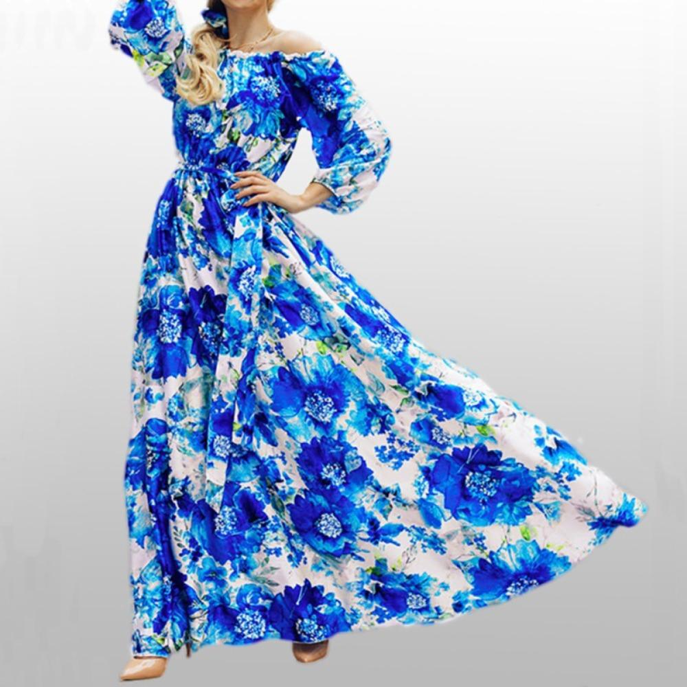 Women's Off Shoulder Long Sleeve Floral Print Loose Fit Casual Maxi Dress Party Beach Long Dress