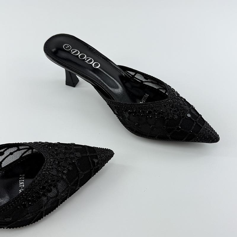 Women's Rhinestone Cap-Toe Stiletto Mules - Summer 2025 Cut-Out Mesh Backless Slippers