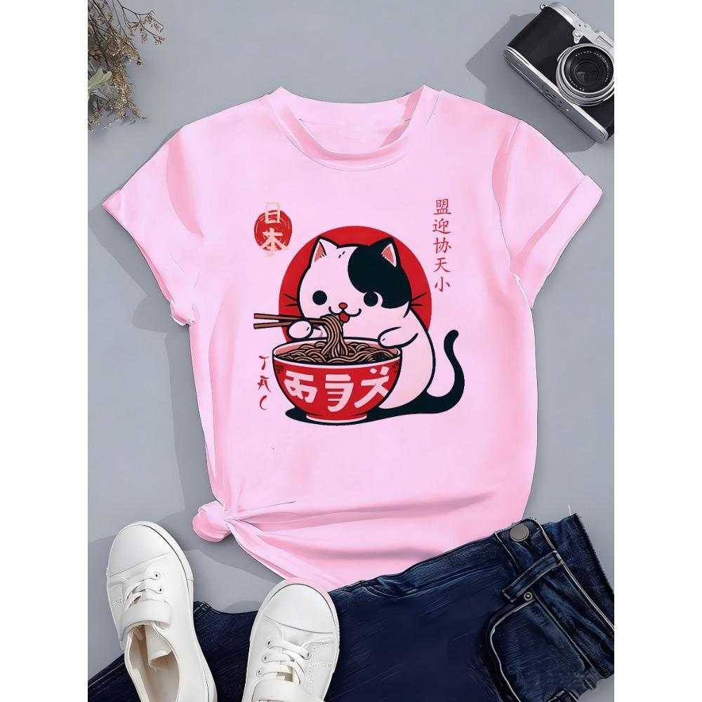 T-shirt per bambini stile giapponese Gatto che mangia Ramen Stampa 3D T-shirt a maniche corte per bambini Larga Casual Estiva all'aperto Strada Magliette per ragazzi e ragazze