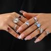 9PCS Silver Plated Moonstone Rings Set for Women Teens Dainty Heart Open Finger Rings Crystal Rhinestones Jewelry Gift
