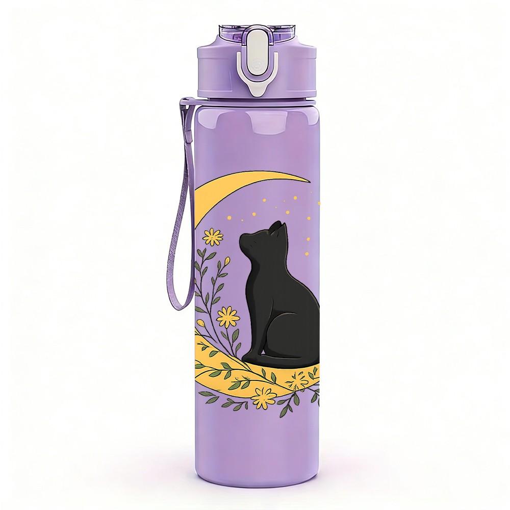 1PC Moon And Black Cat Art 750ml Color Plastic Sports Water Bottle Leakproof Flip Straw Lid Suitable for Sports Office Home Use
