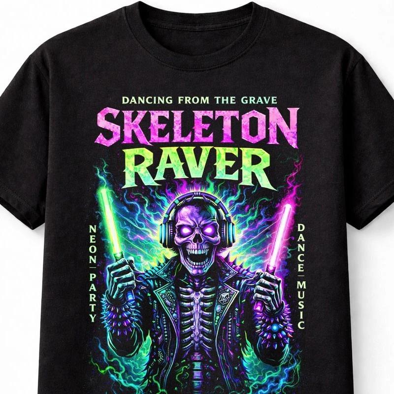 Skeleton Raver Neon Horror EDM Graphic Black Unisex TShirt S