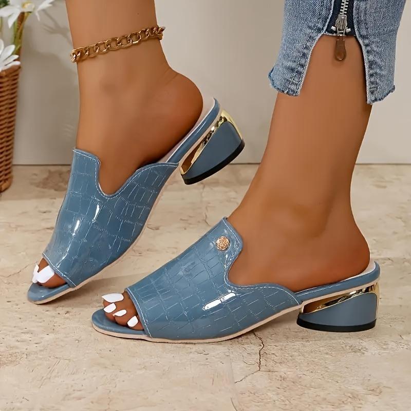 [Crocodile Sandals] Black Faux Crocodile Pattern Wedge Sandals | Women's Peep Toe with Golden Accent, Casual Slip-On Heels for All Seasons