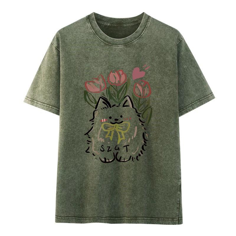 Women's Retro Distressed Washed T-shirt - American Trendy Brand, Summer 2026 Edition, Short Sleeve, Pure Cotton, Loose Fit.