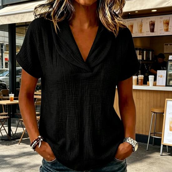 Women V-Neck T-Shirt Short Sleeve Solid Color Summer Blouse Loose Fit Fashionable Collared Casual Tee for Work Party Date Wear