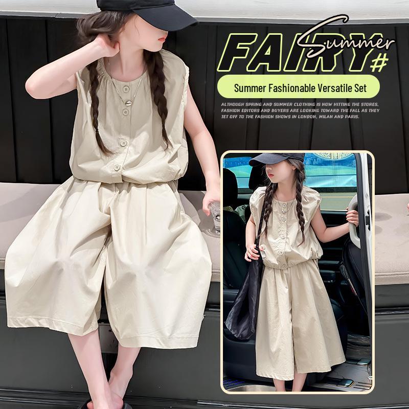 Girls' Fashionable Summer 2025 Two-Piece Set: Short-Sleeve Top & Seven-Point Pants