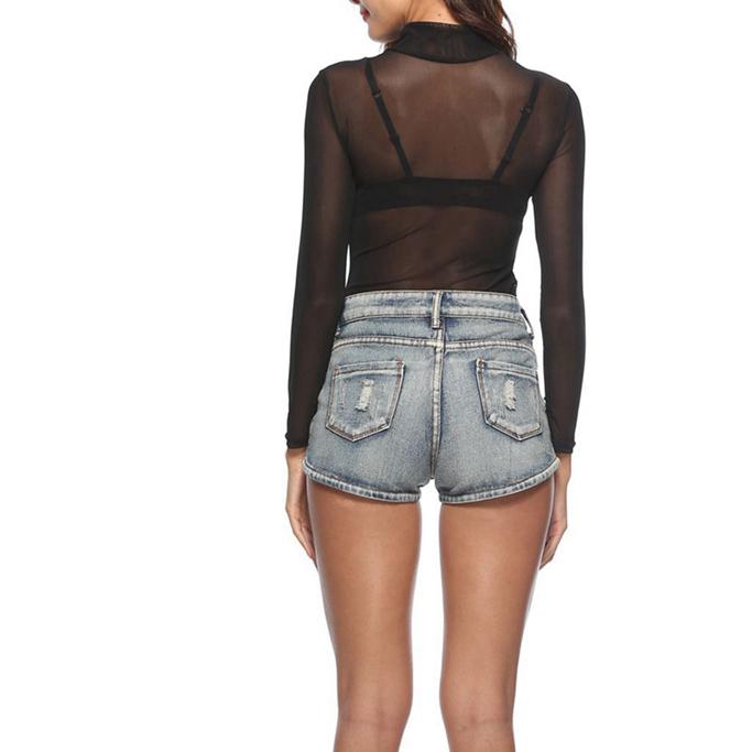 Damen Mesh Oberteil Durchsichtig Ultradünn Sexy Stretch Langarm Oberteil