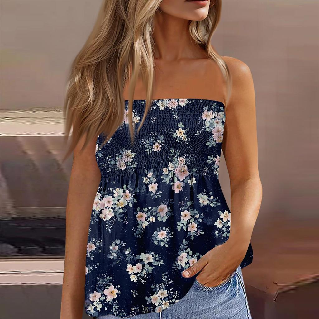 Women's Fashionable And Sexy Backless Elastic Floral Print Strapless Slimming T-shirt Top