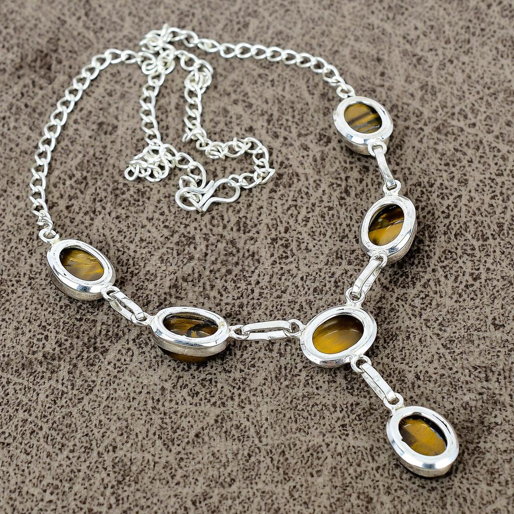 Tiger Eye Gemstone Handmade 925 Sterling Silver Jewelry Necklace 18" KKG-400