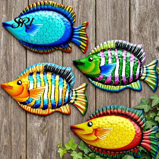Pesci realistici Arte Metallica 4 Pezzi Legno Tropicale da Parete Colorati Stampati Decorazione da Spiaggia Scultura Nautica Costiera per Casa Camera da Letto Bagno Casa sul Lago
