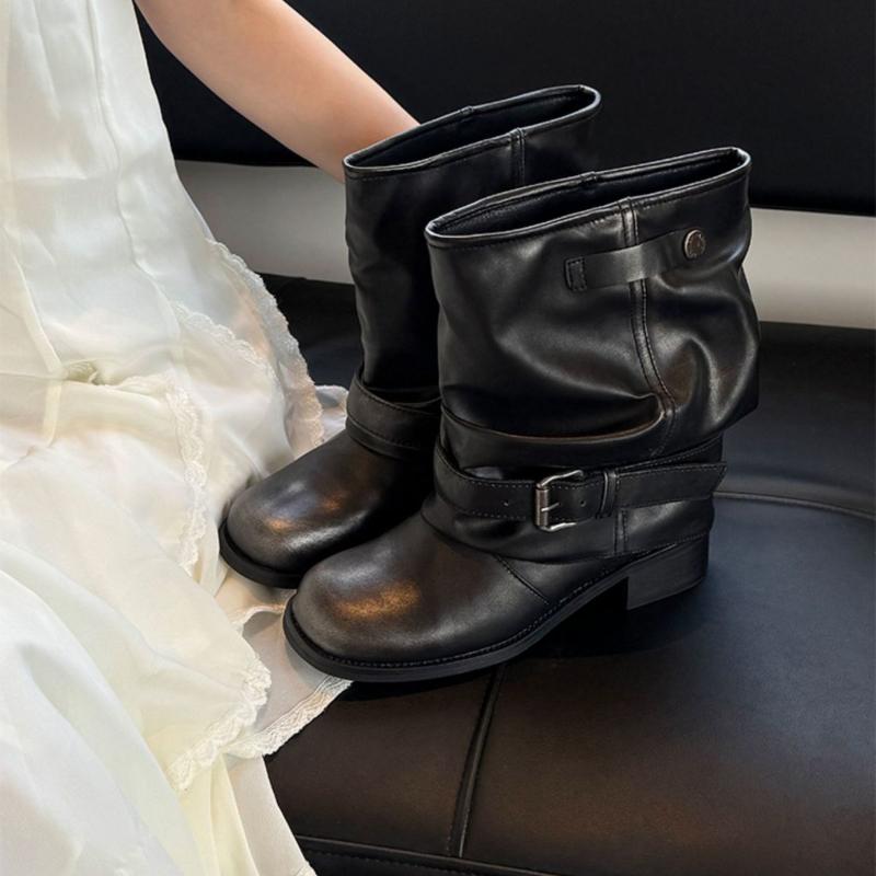 Fashion Round Toe Belt Buckle Mid Calf Shoes Woman New in Waterproof Footwear on Promotion Hot Y2k Rock Offer Half High Boots for Women