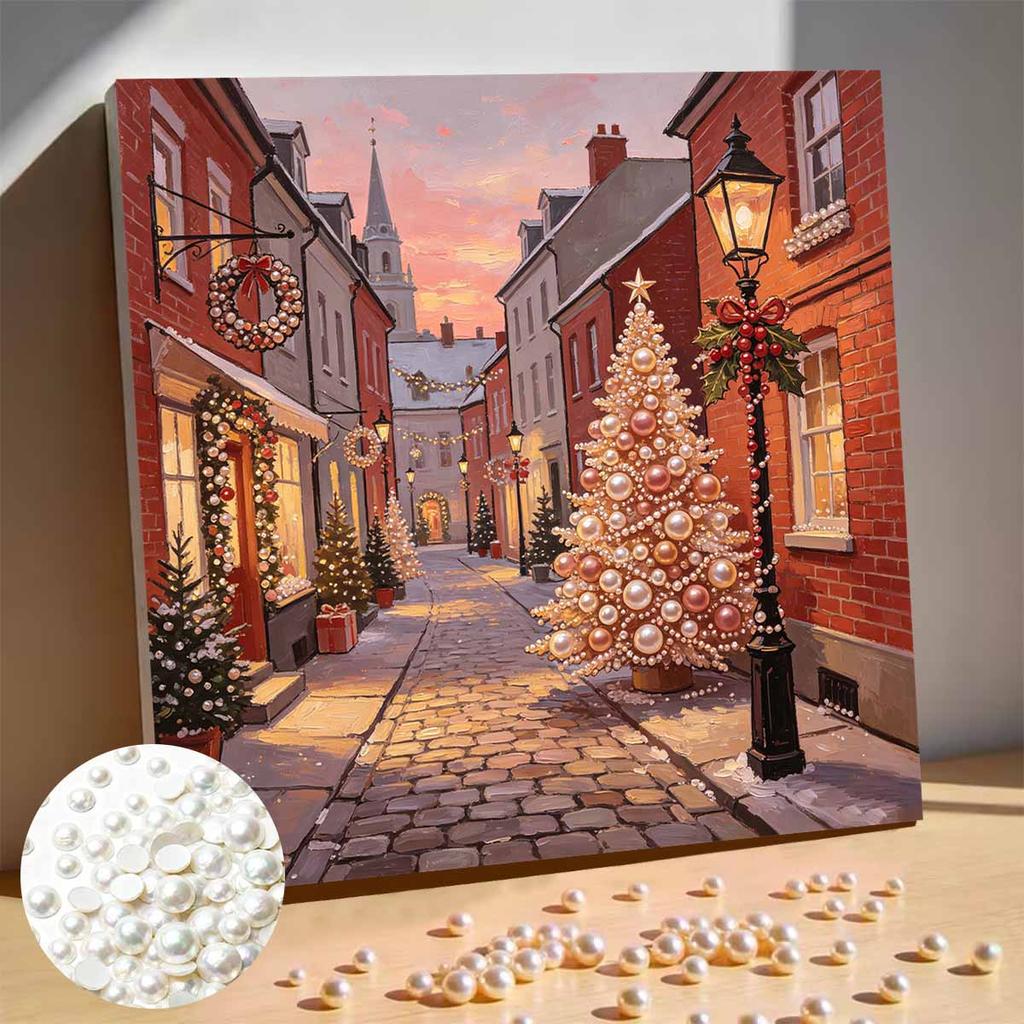 DlY Mini Framed Pearl Painting Kit Beads Canvas Home Decor Painting Christmas Street Scene Winter Holiday Festive Decoration