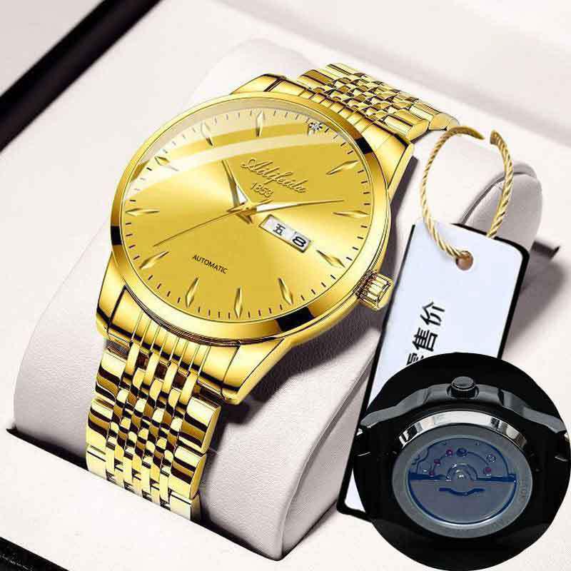 Aili Feida Men's Quartz Waterproof Watch with Hollow Back and Calendar Feature.