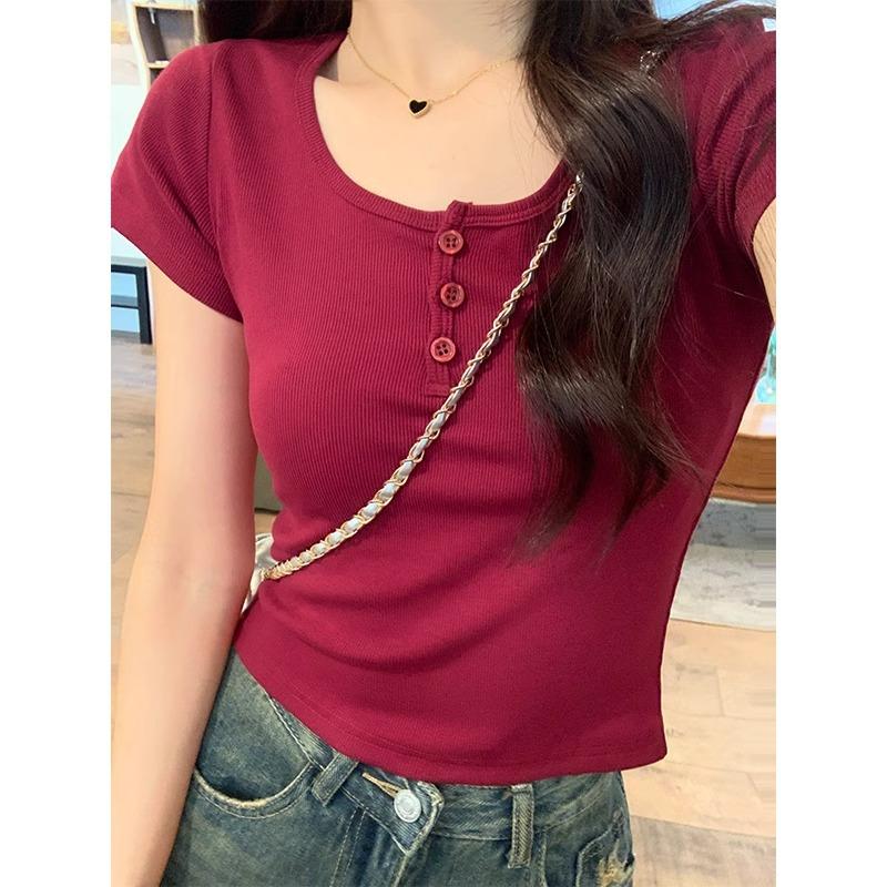 

Маленькая обтягивающая футболка с U-образным вырезом на правом плече и короткими рукавами для женщин, весна-лето, новый базовый универсальный сексуальный топ с открытой ключицей L