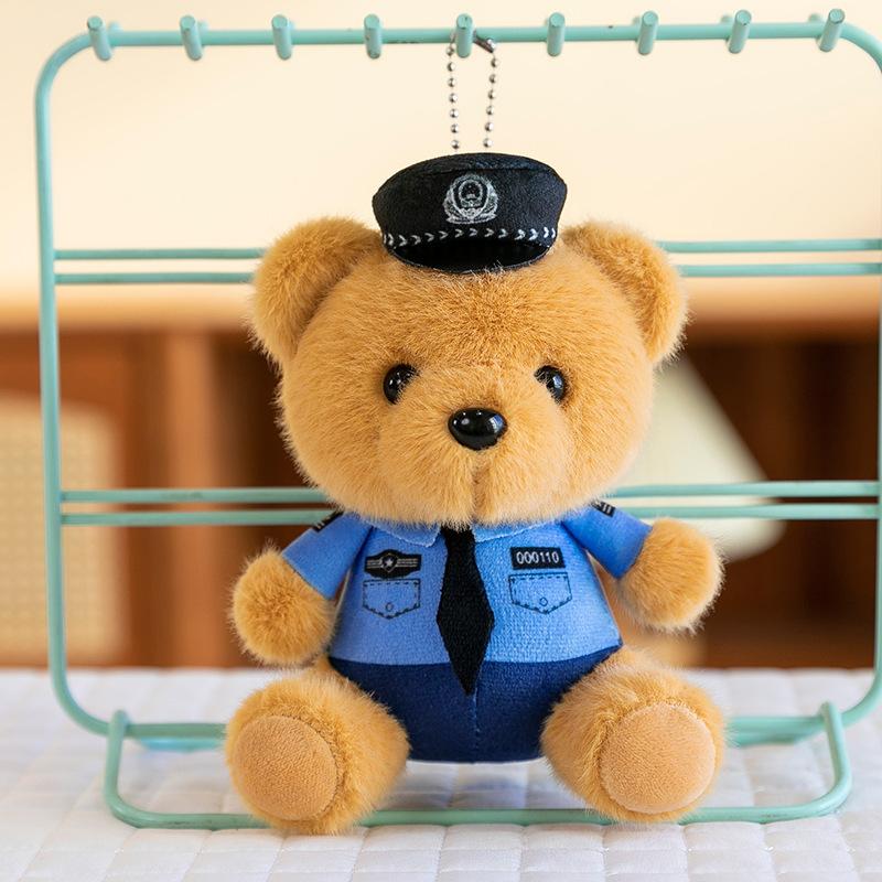 Bear Plush Toy Police Bear Doll Cute Firefighter 4 Inch Doll Schoolbag Grab Machine Doll Pendant