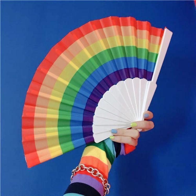 Rainbow Hand Crank Fan Foldable Oriental Style Silk Fabric Pocket Hand Fans Party Fovor Personality Dance Fan Gifts