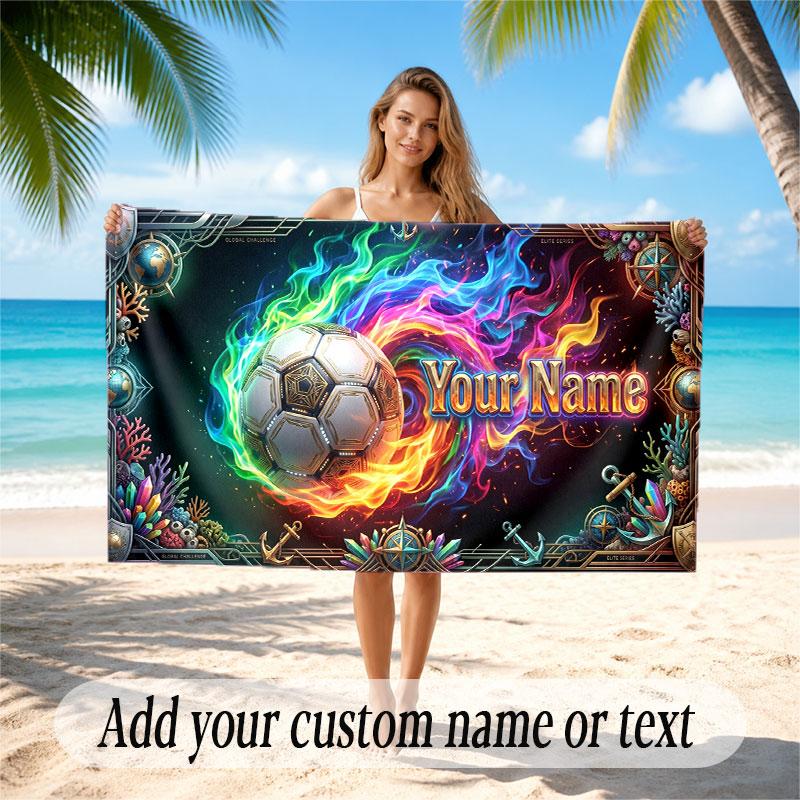 Soccer Theme Beach Towel Personalized Custom Name & Text Soft Quick Dry Beach Towel for Swimming Travel