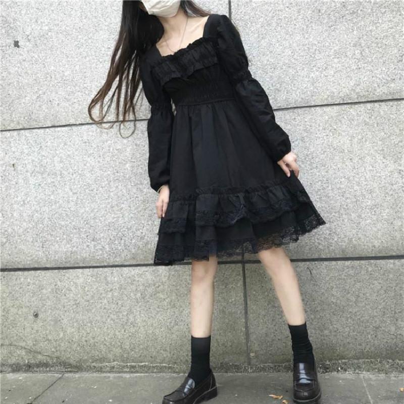 Frauen Spitze Rüschen Lolita Kleid Herbst Mädchen Langarm Mini Kleider