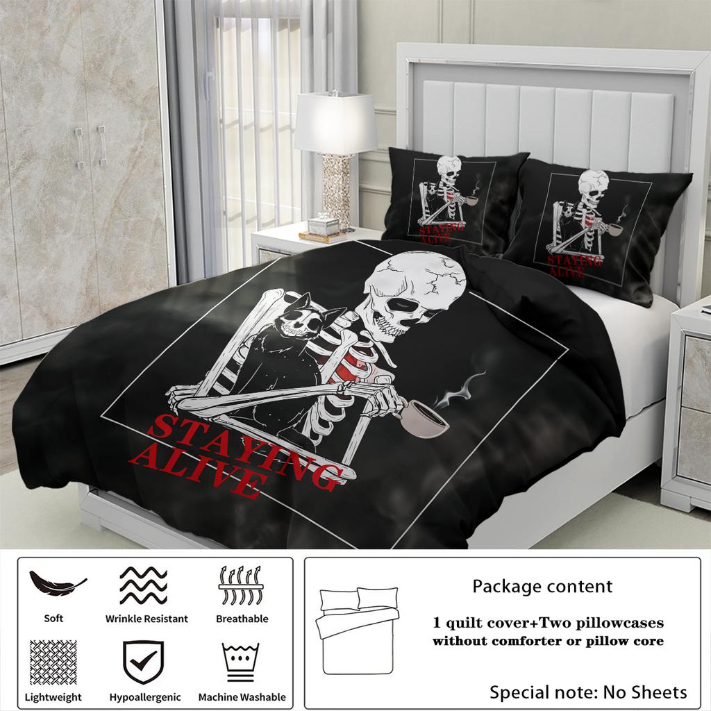 3-piece set, skull staying alive pattern printed duvet set, queen, king, double bed, party  funny and creative bedding set