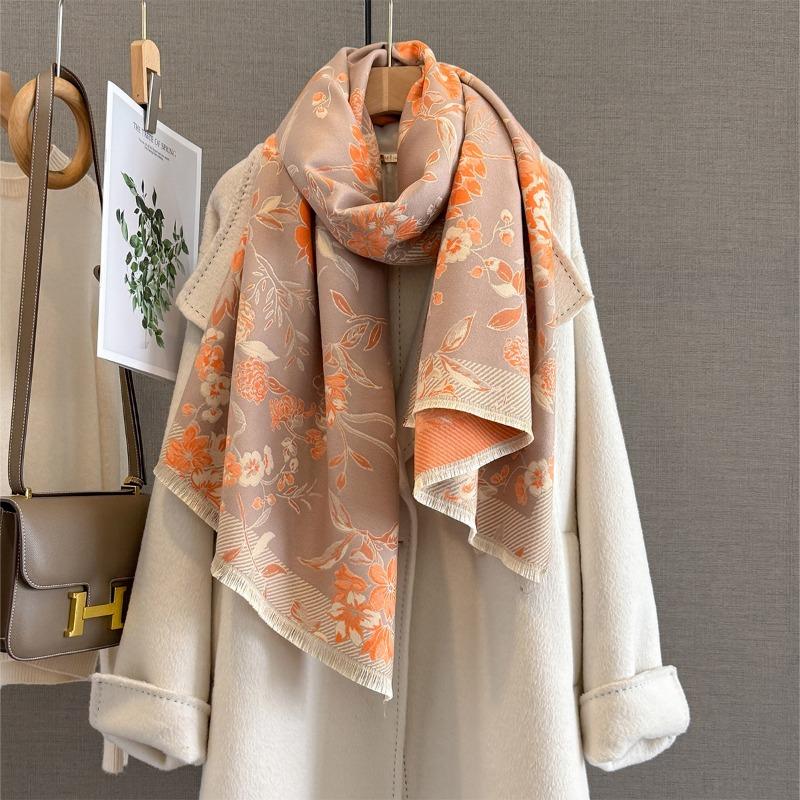 Autumn and Winter New Retro Flower Jacquard Scarf Women's Imitation Cashmere Temperament Warm Shawl with Neck Scarf