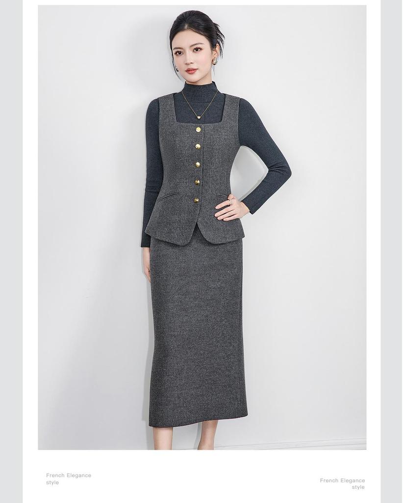 Women's Elegant Woolen Vest & Knit Base Layer with Back Slit Skirt Set