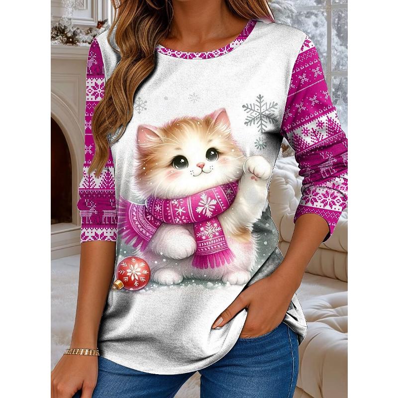 

Women s long sleeved T-shirt, winter warm T-shirt, animal cat digital printed pattern, fashionable casual T-shirt 3XL