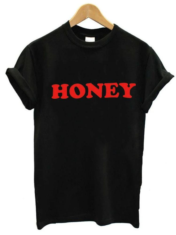 Honey Red Letter Print T Shirt Women Short Sleeve O Neck Loose Yellow Tshirt Summer Ladies Tee Shirt Tops Camisetas Mujer