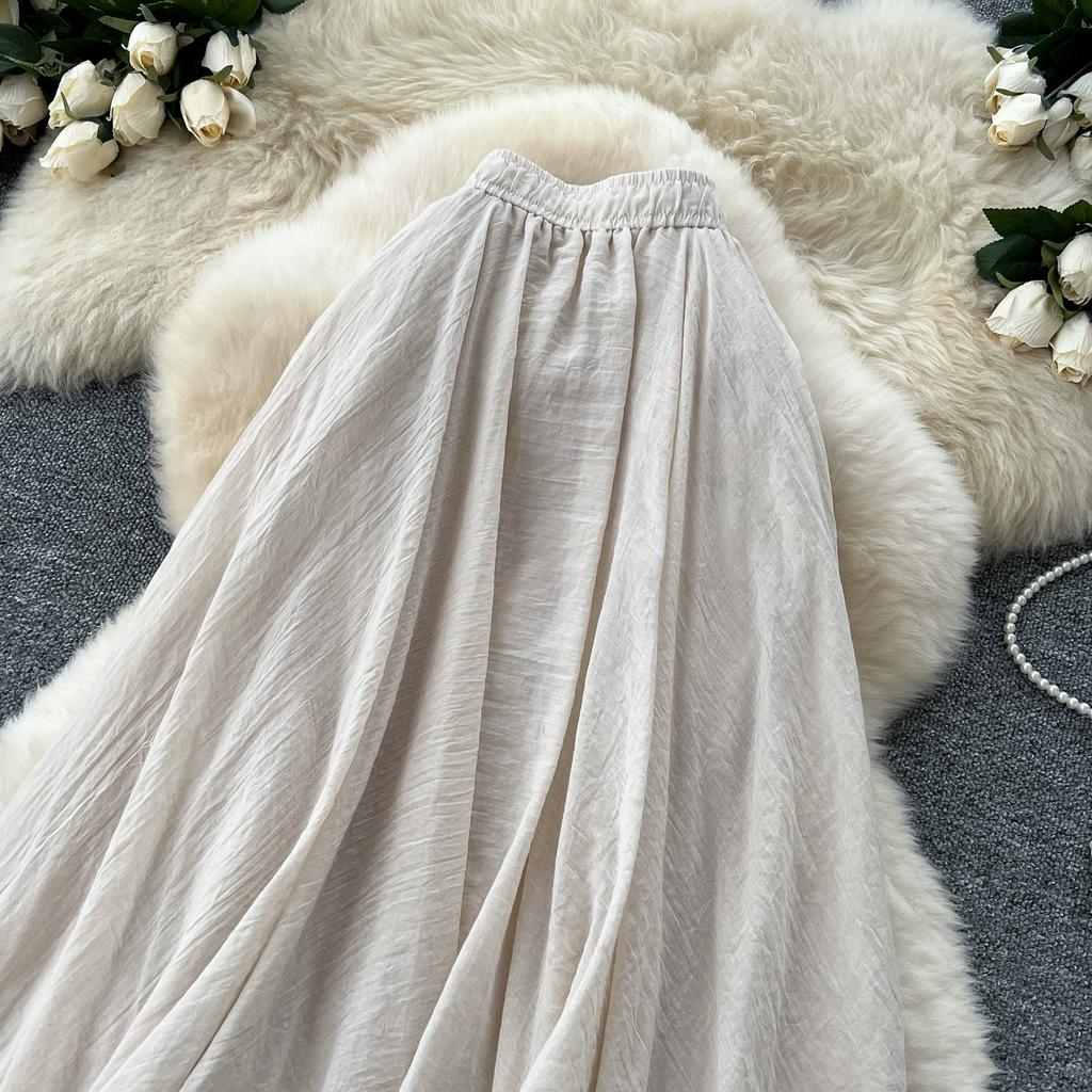 Summer Women Chic Cotton Linen Solid Elastic Waist Long Maxi Skirt