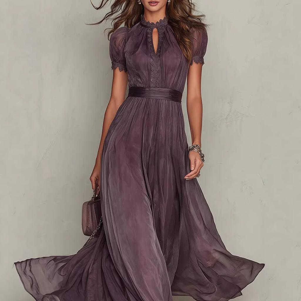 Popular Solid Color Double-layer Mesh Lace Short-sleeved Dress