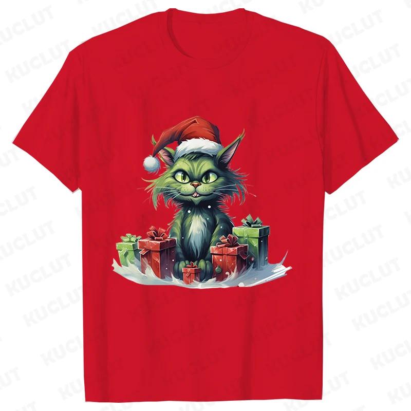 New Year Short Sleeve Tshirt Cute Cat Print Tops Fashion Xmas Unisex Tees Shirt Trend Graphic Christmas Male Oversized Clothing