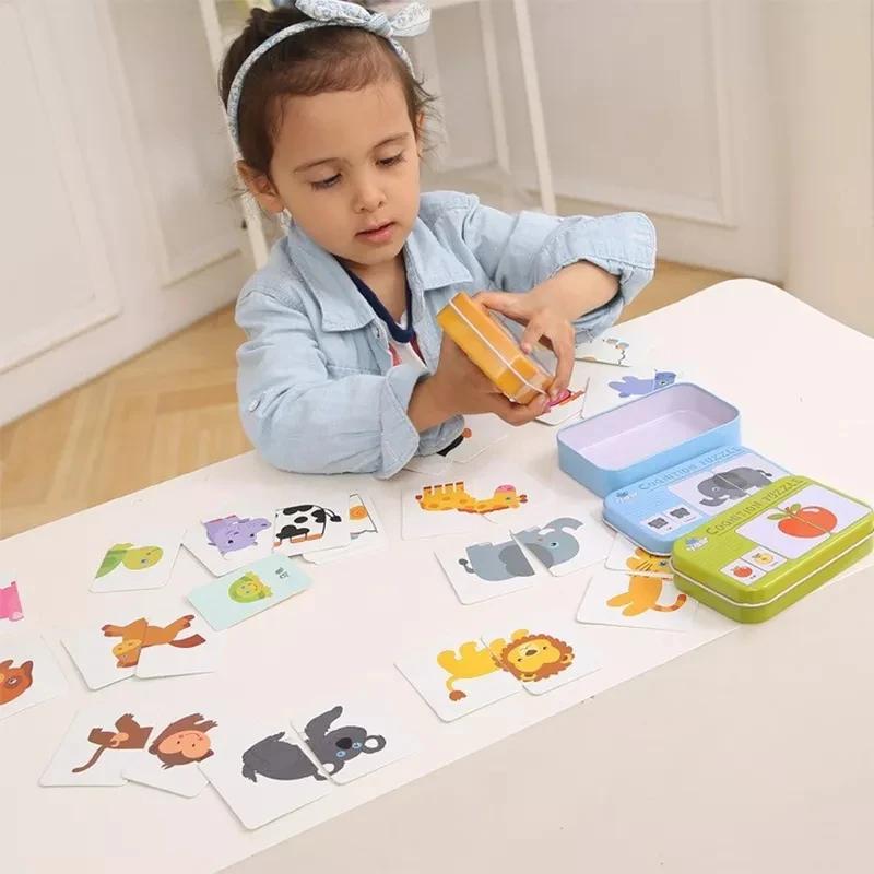 Baby Cognition Puzzle Toys Toddler Kids Iron Box Cards Matching Game Cognitive Card Car Fruit Animal Life Puzzle Gift